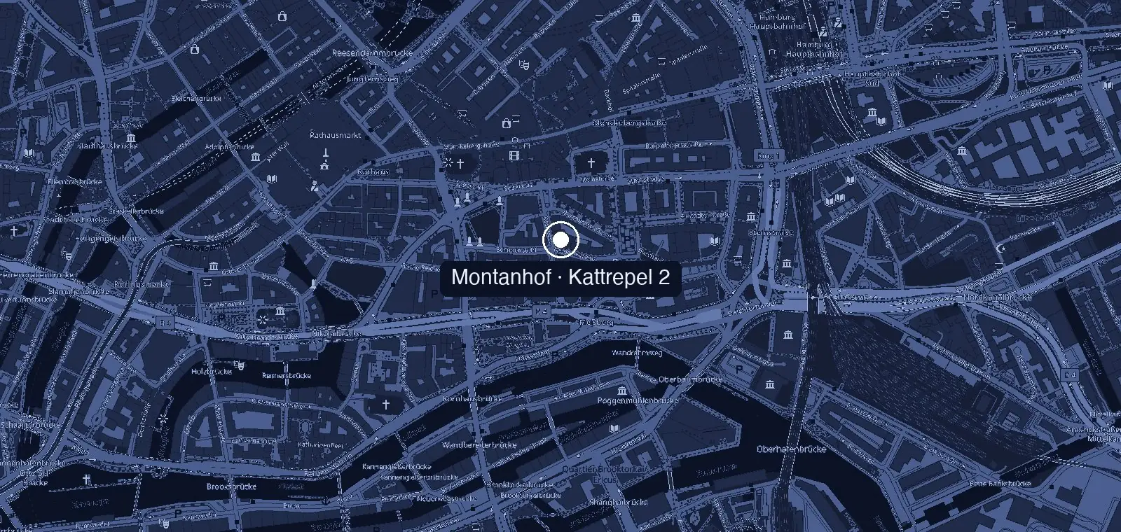 Karte des Hamburger Kontorhausviertels mit dem Montanhof am Kattrepel 2
