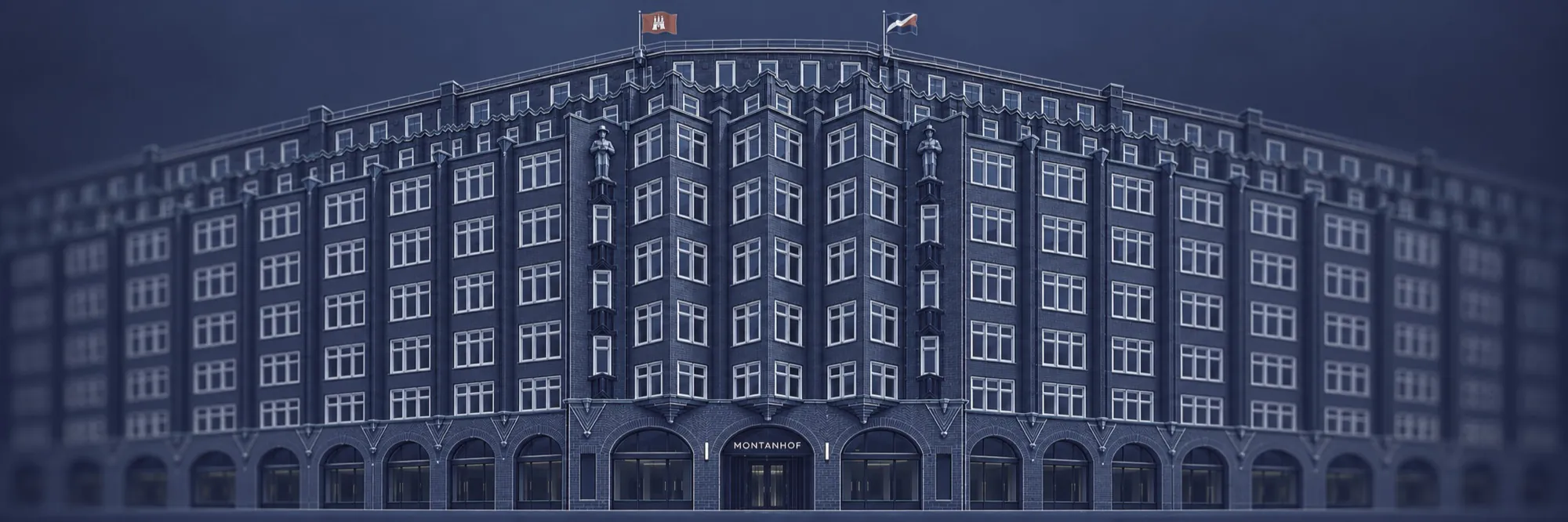 Der Montanhof im Hamburger Kontorhausviertel, Illustration in Blau